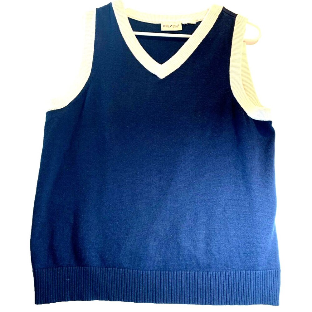 White Stag Sweater Vest Women Sz L Navy w/White Trim Rib Armholes Vtg Y2K Preppy